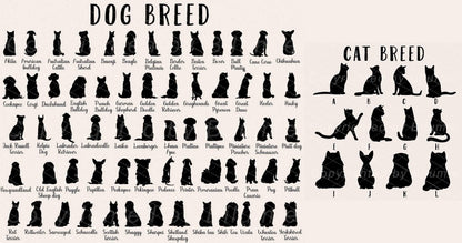 May include: A black and white graphic featuring silhouettes of various dog and cat breeds. The text "DOG BREED" and "CAT BREED" are at the top. Each breed is labeled with its name, such as "Akita" and "Beagle".