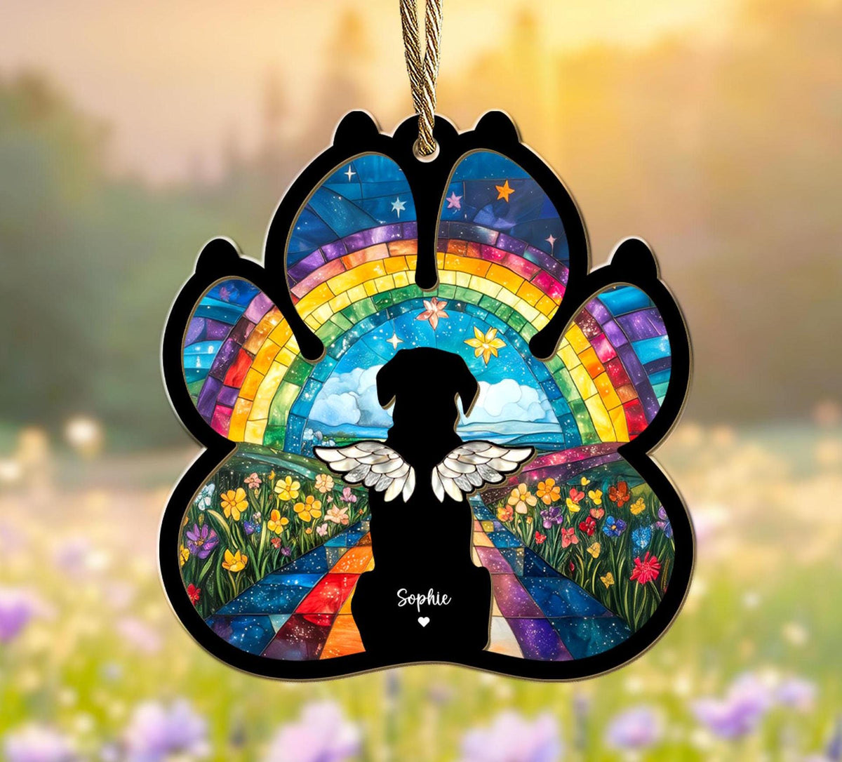 May include: A rainbow paw print ornament with a silhouette of a dog with wings and the name "Sophie" in the center. The ornament is made of glass and has a colorful mosaic design.
