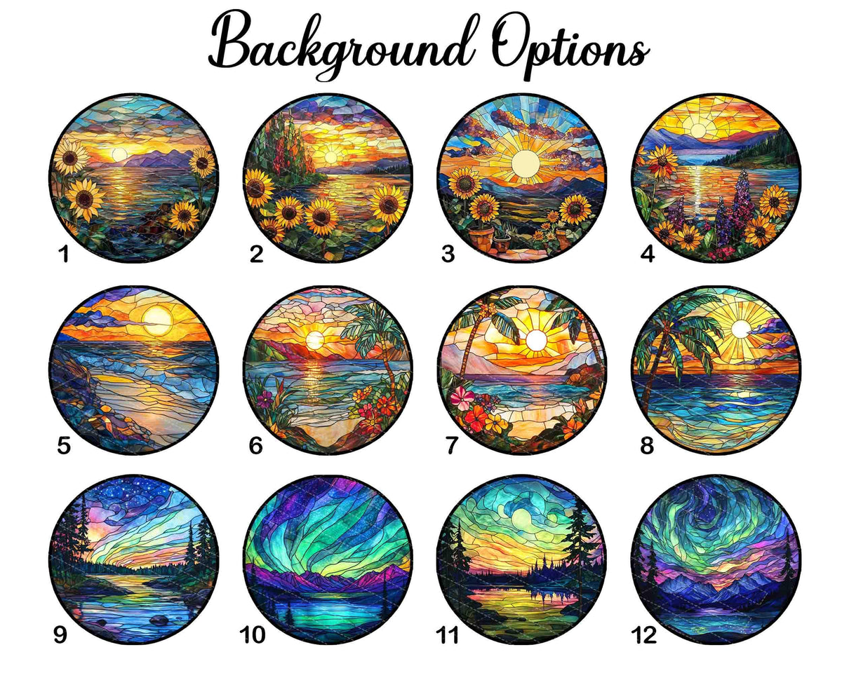 May include: Twelve different stained glass designs featuring a variety of landscapes, including seascapes, forests, and starry nights. Each design is circular and framed in black.