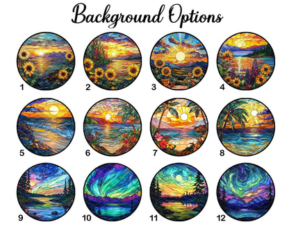 May include: Twelve different stained glass designs featuring a variety of landscapes, including seascapes, forests, and starry nights. Each design is circular and framed in black.