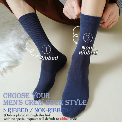 A pair of navy blue crew socks, one featuring a ribbed texture labeled 1 and the other a smooth non-ribbed texture labeled 2. The text reads CHOOSE YOUR MEN'S CREW SOCK STYLE > RIBBED / NON-RIBBED and includes ordering instructions.