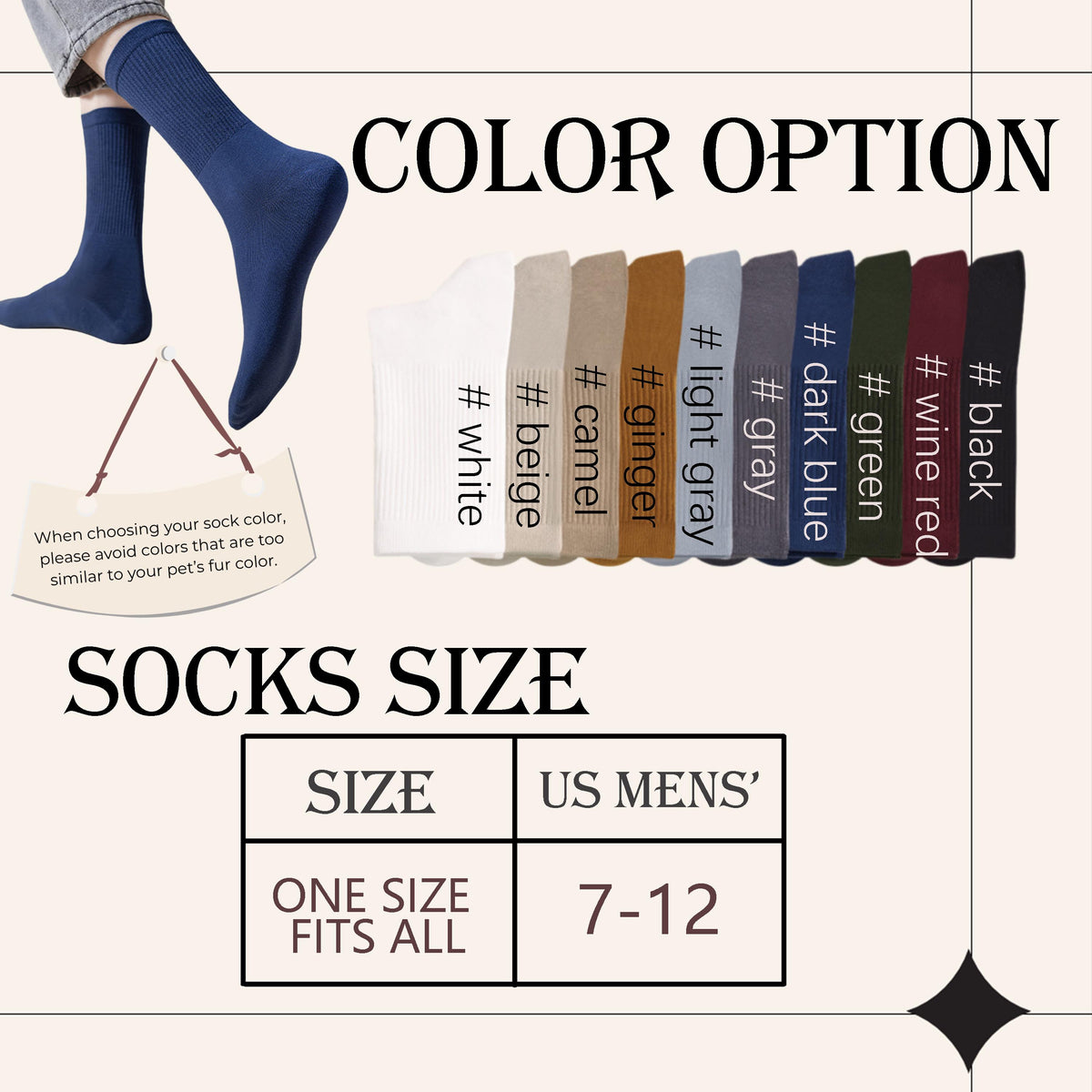 A collection of ribbed crew socks displayed in ten color options: white, beige, camel, ginger, light gray, gray, dark blue, green, wine red, and black. A size chart indicates a US men's size range of 7-12 for the one size fits all design.