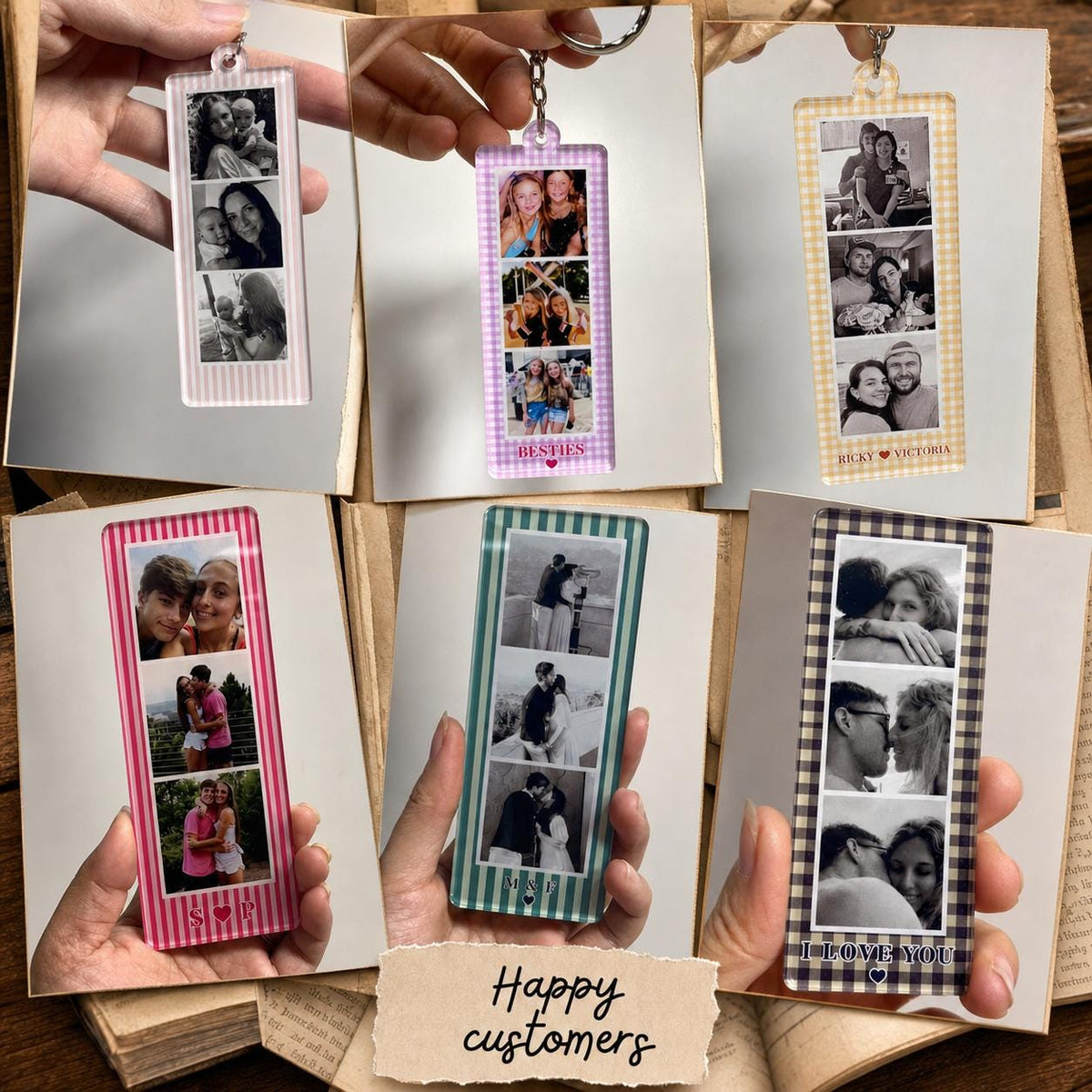 Six rectangular acrylic keychains featuring vertical photo strips with three images each. The keychains have various colored borders including pink, purple, yellow, teal, and black, with printed text like BESTIES, I LOVE YOU, and names.