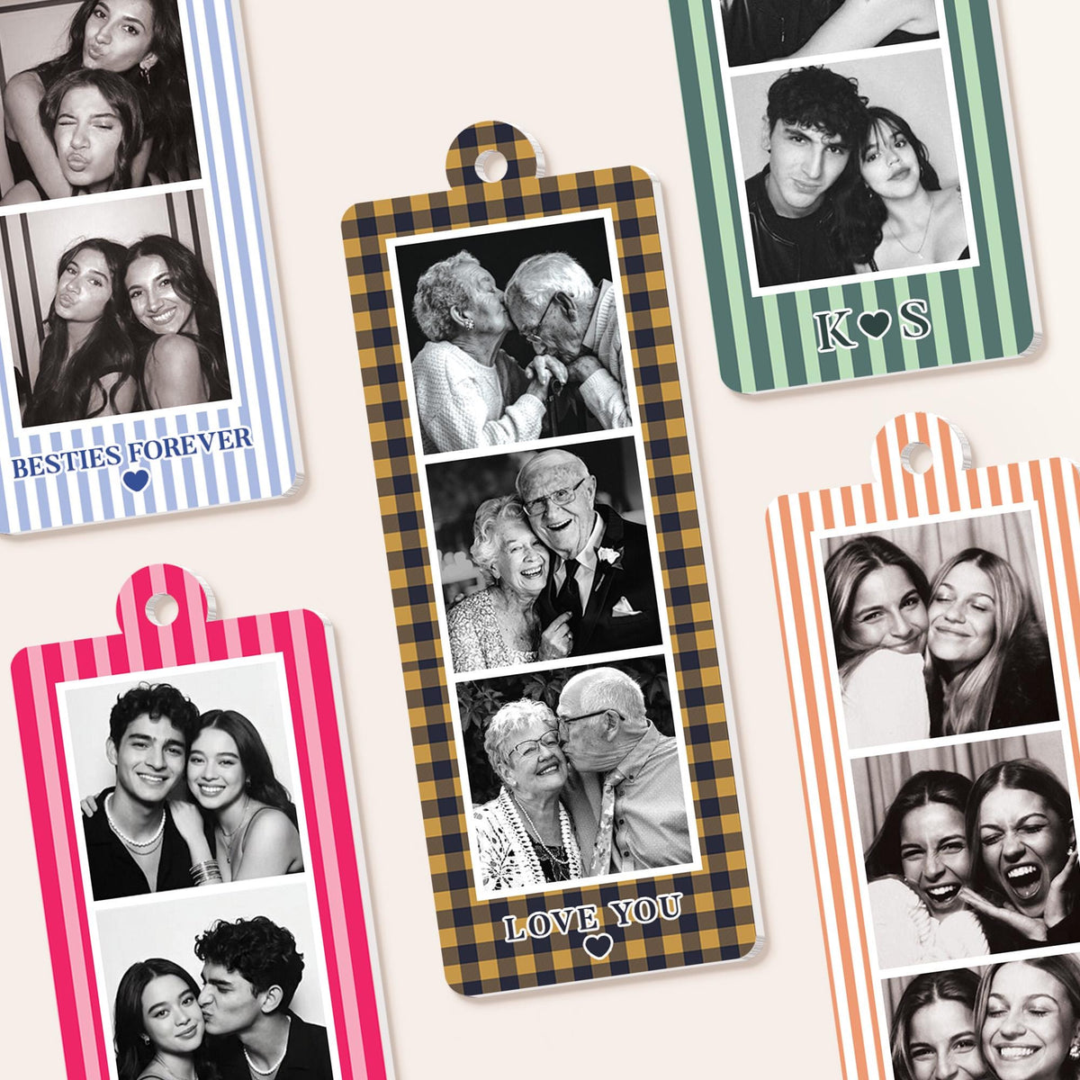 Five rectangular photo bookmarks with rounded tops and holes for hanging. Each bookmark features vertical or checkered patterns in blue, pink, yellow, green, or orange, displaying black and white photo strips with text like BESTIES FOREVER, LOVE YOU, and K heart S.