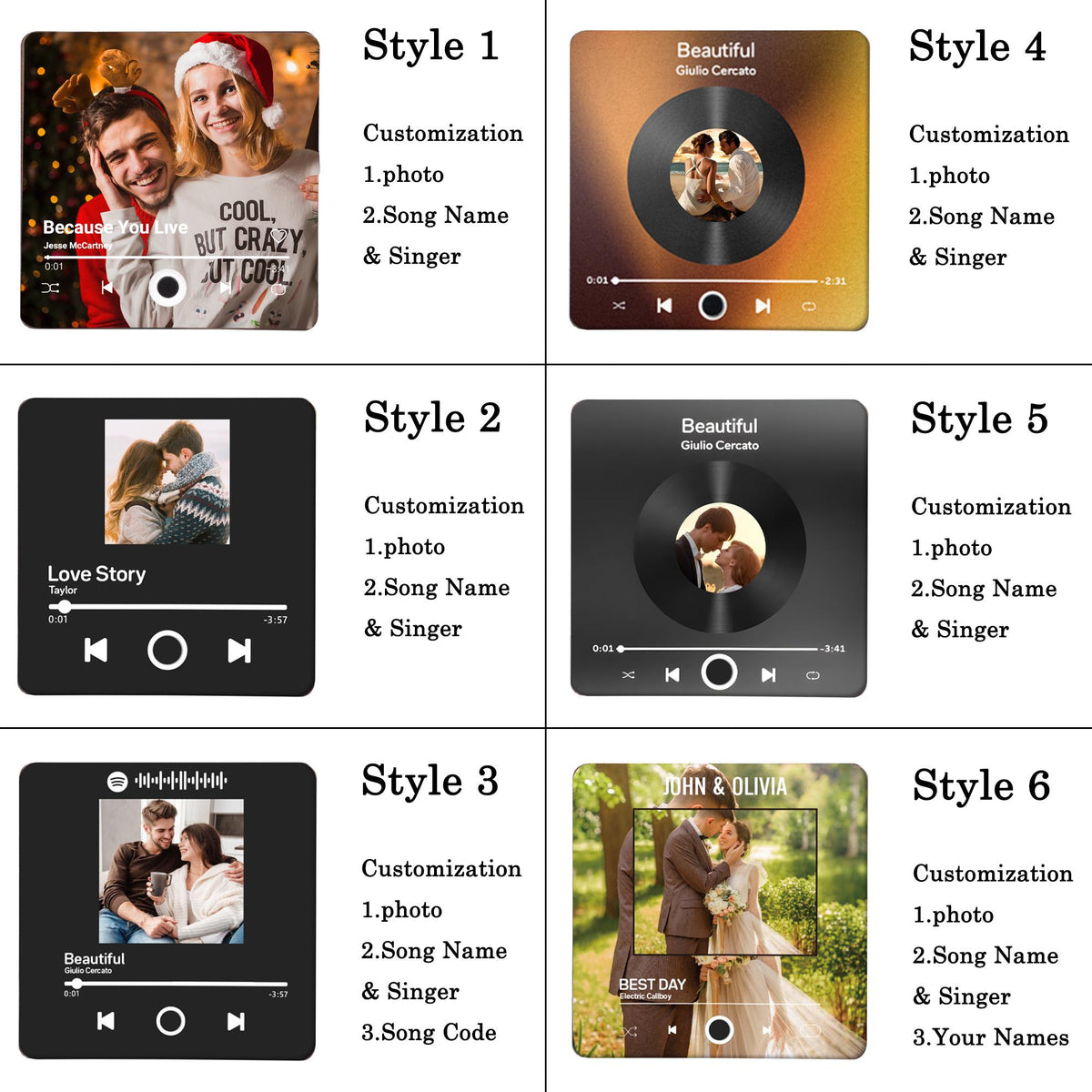 Six different styles of customizable music player designs. Each design features a black background with a white play button and a photo of a couple. The text "Cool, But Crazy, But Cool" is visible in the first design. The text "Love Story" is visible in the second design. The text "Beautiful" is visible in the third design. The text "John & Olivia" is visible in the fourth design. The text "Best Day" is visible in the fifth design. The text "Your Names" is visible in the sixth design.