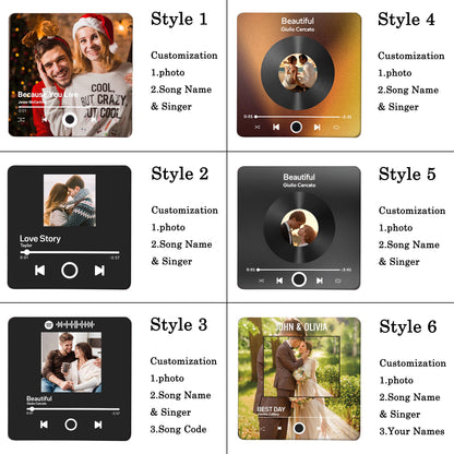 Six different styles of customizable music player designs. Each design features a black background with a white play button and a photo of a couple. The text "Cool, But Crazy, But Cool" is visible in the first design. The text "Love Story" is visible in the second design. The text "Beautiful" is visible in the third design. The text "John & Olivia" is visible in the fourth design. The text "Best Day" is visible in the fifth design. The text "Your Names" is visible in the sixth design.