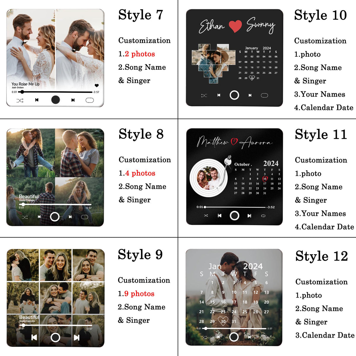 Twelve different styles of customizable music player designs. Each design features a black background with a music player interface, a heart icon, and a calendar. Some designs include photos, names, and song titles.