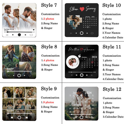 Twelve different styles of customizable music player designs. Each design features a black background with a music player interface, a heart icon, and a calendar. Some designs include photos, names, and song titles.