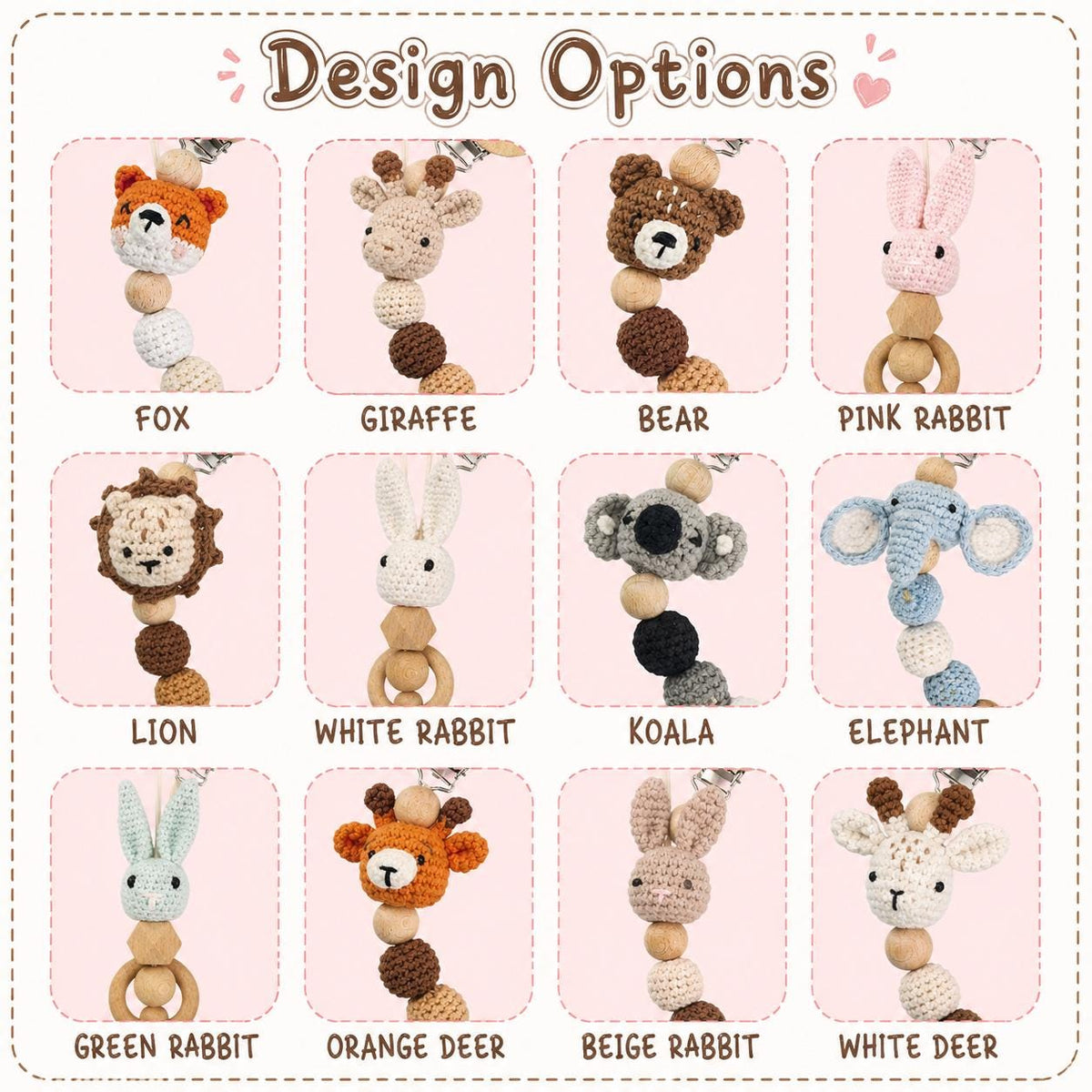 A grid of twelve crochet animal pacifier clips labeled Design Options. The characters include a fox, giraffe, bear, pink rabbit, lion, white rabbit, koala, elephant, green rabbit, orange deer, beige rabbit, and white deer.
