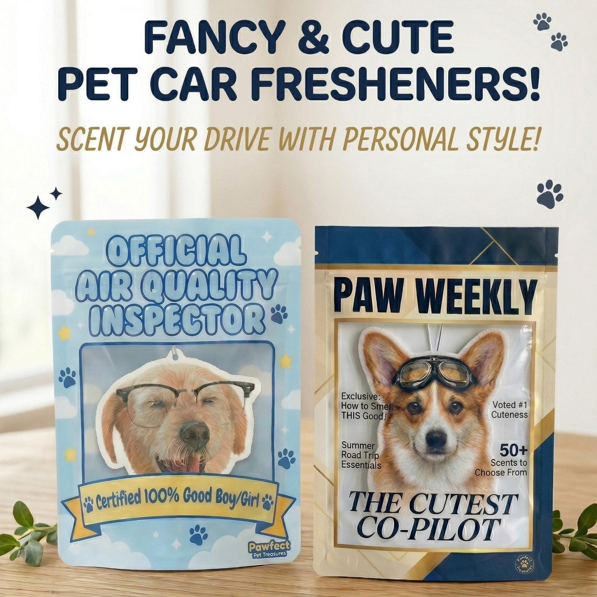 Two pet car air fresheners. One features a dog wearing glasses with the text "OFFICIAL AIR QUALITY INSPECTOR" and "Certified 100% Good Boy/Girl". The other has a dog with goggles and the text "PAW WEEKLY" and "THE CUTEST CO-PILOT".