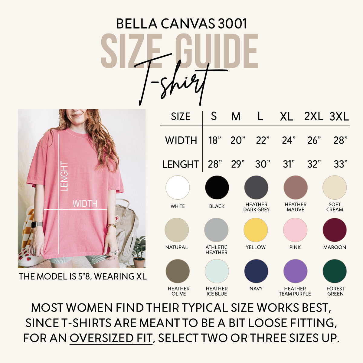 Size guide for Bella Canvas 3001 t-shirts. Includes width and length measurements in inches for sizes S to 3XL. Color options include white, black, heather grey, mauve, cream, natural, athletic heather, yellow, pink, maroon, olive, ice blue, navy, team purple, and forest green.