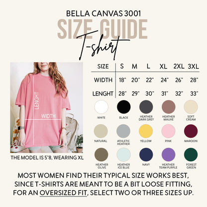 Size guide for Bella Canvas 3001 t-shirts. Includes width and length measurements in inches for sizes S to 3XL. Color options include white, black, heather grey, mauve, cream, natural, athletic heather, yellow, pink, maroon, olive, ice blue, navy, team purple, and forest green.