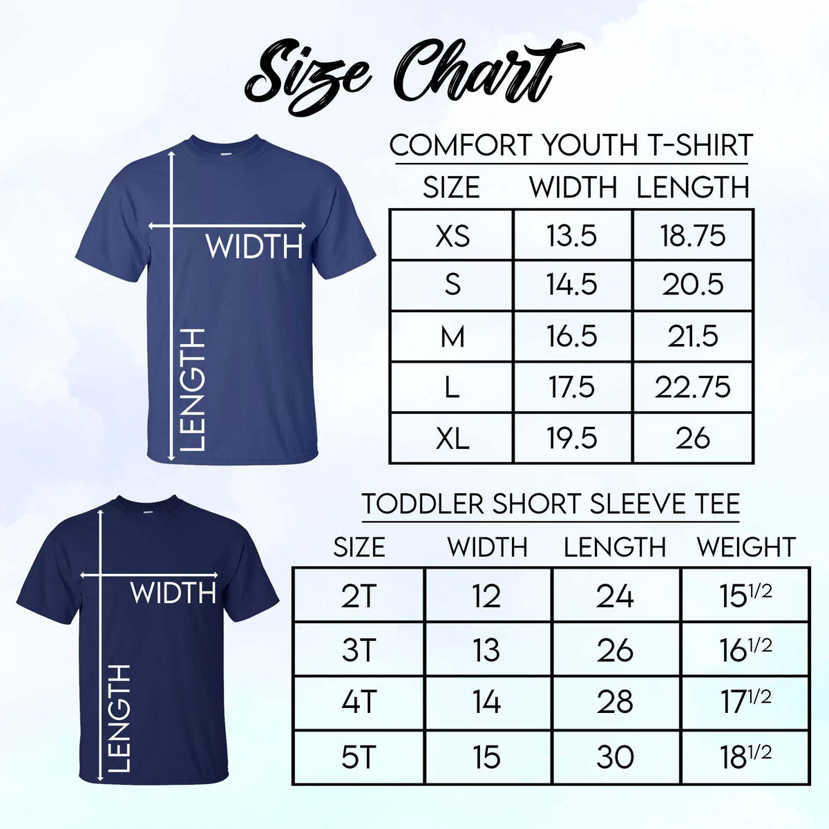 Size chart for Comfort Youth T-shirts and Toddler Short Sleeve Tees. The chart shows measurements for width and length in inches, and weight in ounces for toddler sizes. Includes sizes XS to XL for youth and 2T to 5T for toddlers.