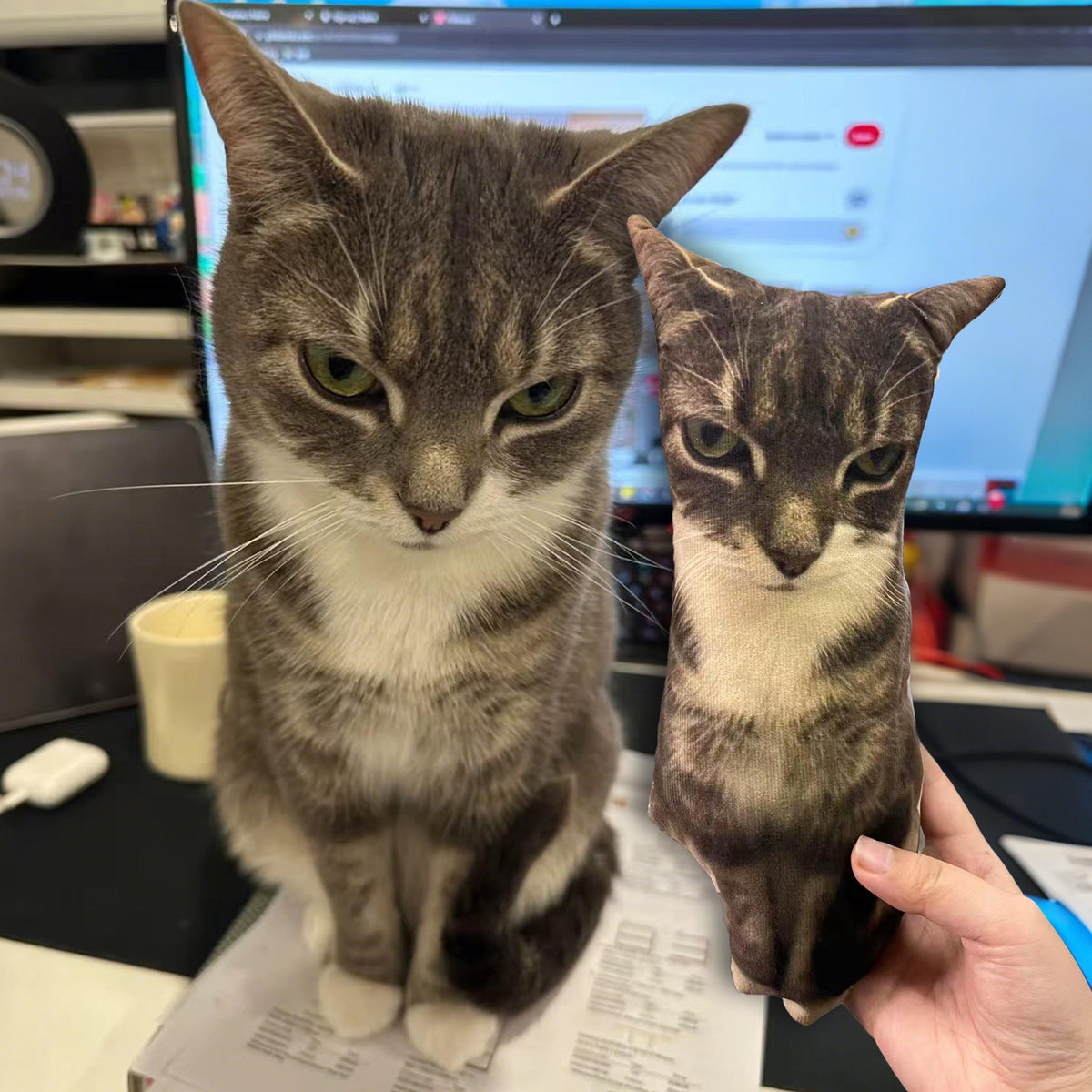 A grey and white tabby cat with green eyes sitting next to a small, plush, rectangular pillow featuring a high-resolution photographic print of the same cat's face and upper body, capturing its distinct markings and intense expression.