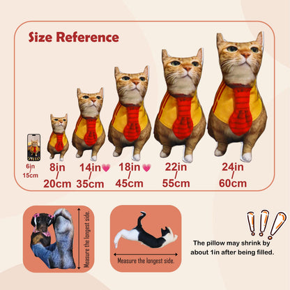 A size reference chart for custom cat-shaped pillows, displaying six sizes from 6 inches to 24 inches. The pillows feature a ginger cat wearing a yellow vest and red tie. Additional graphics show measurement methods and a note about filling shrinkage.