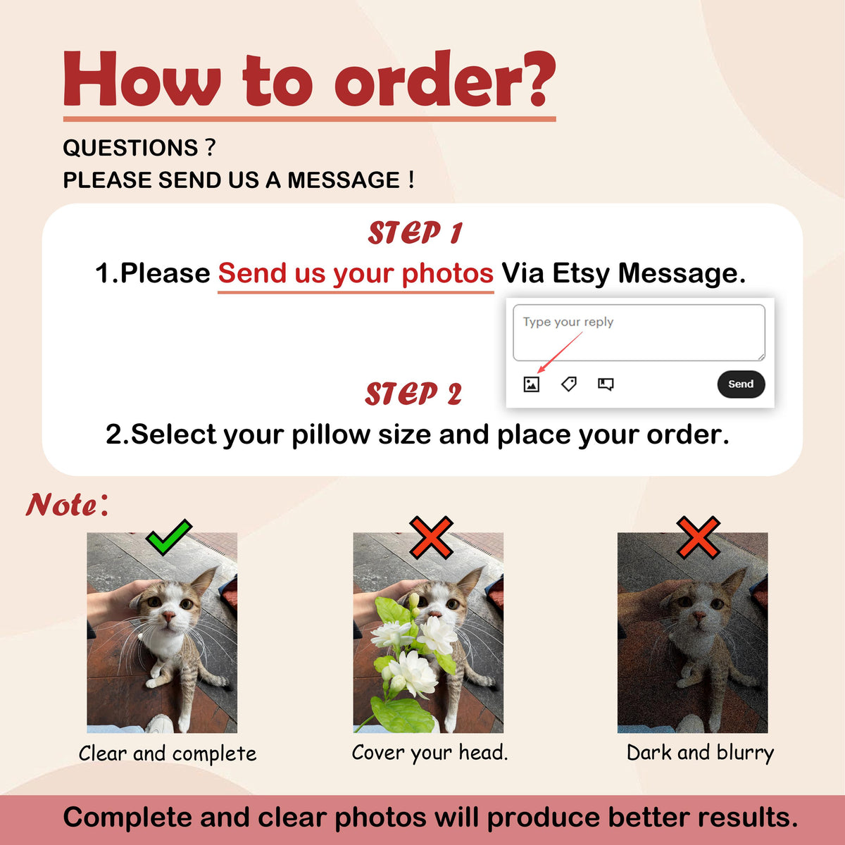 An instructional graphic titled How to order? with steps to send photos via Etsy message and select pillow size. It includes three example photos of a cat with check and cross marks to illustrate clear, covered, and blurry photo quality.