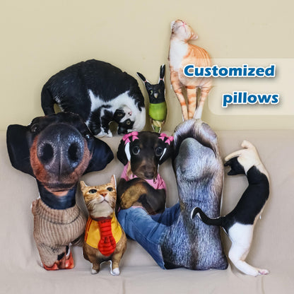 A collection of shaped pillows featuring printed images of various animals, including a dog with a large nose wearing a sweater, a cat in a tie, a dog with pink bows, and a cat standing upright. The text Customized pillows is visible.