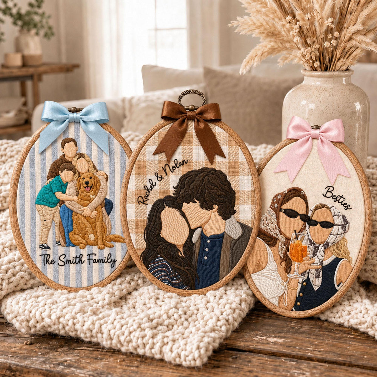 Three oval embroidery hoops featuring custom thread portraits. The left hoop shows a family with a dog on blue stripes with text The Smith Family. The center hoop shows a couple on beige plaid with text Rachel & Nolan. The right hoop shows two people with drinks on cream fabric with text Besties.