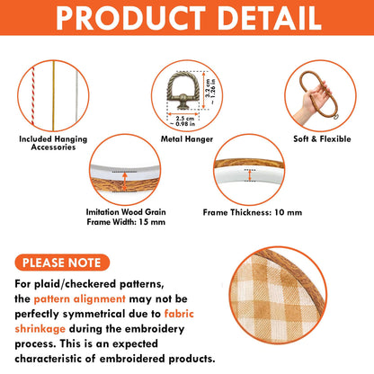 An embroidery hoop product detail graphic featuring hanging accessories, a metal hanger measuring 2.5 cm by 3.2 cm, a flexible frame, a 15 mm wide imitation wood grain frame, and a 10 mm frame thickness with a note on fabric shrinkage.