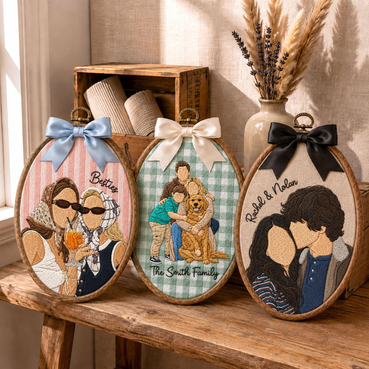 Three oval embroidery hoops featuring custom thread portraits. The left hoop has a light blue bow and shows two people with the text Besties. The center hoop has a white bow and a family with a dog and text The Smith Family. The right hoop has a black bow and a couple with the text Rachel & Nolan.