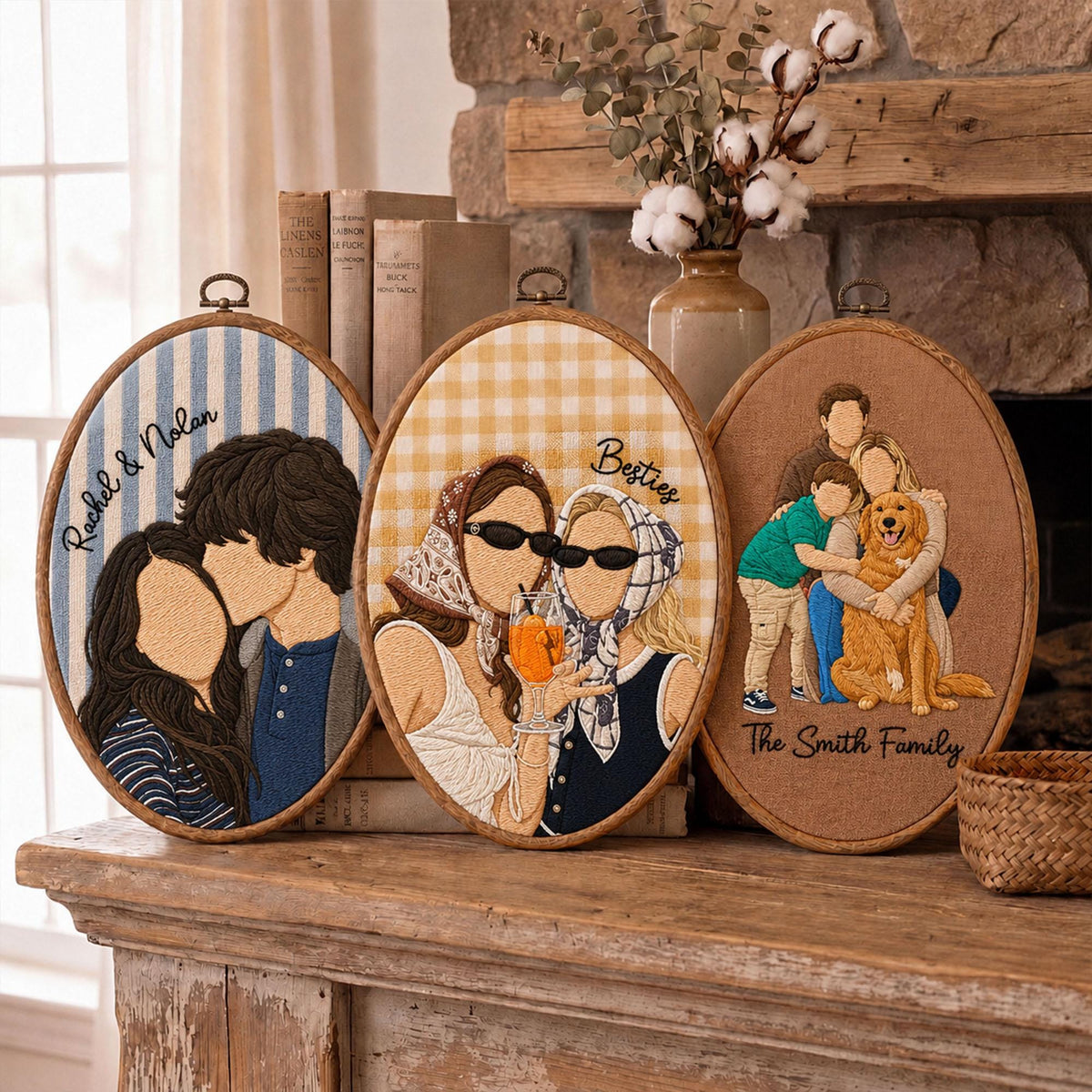 Three oval embroidery hoops featuring custom thread portraits. The left hoop has blue stripes and text Rachel & Nolan. The center hoop has yellow gingham and text Besties. The right hoop has a solid tan background and text The Smith Family.