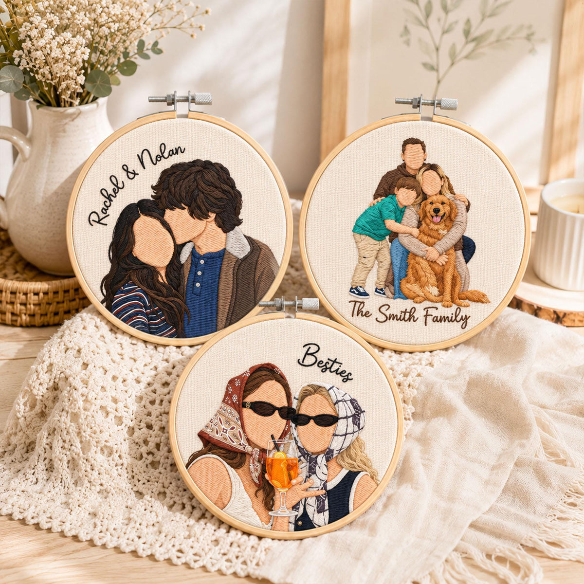 Three circular embroidery hoops featuring custom thread portraits on off-white fabric. One shows a couple with the text Rachel & Nolan, another a family with a dog labeled The Smith Family, and the third two people labeled Besties.