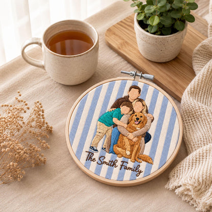A circular wooden embroidery hoop featuring a custom thread-stitched portrait of a family of three and a golden dog. The fabric background has light blue and white vertical stripes. The text "The Smith Family" is stitched in brown.
