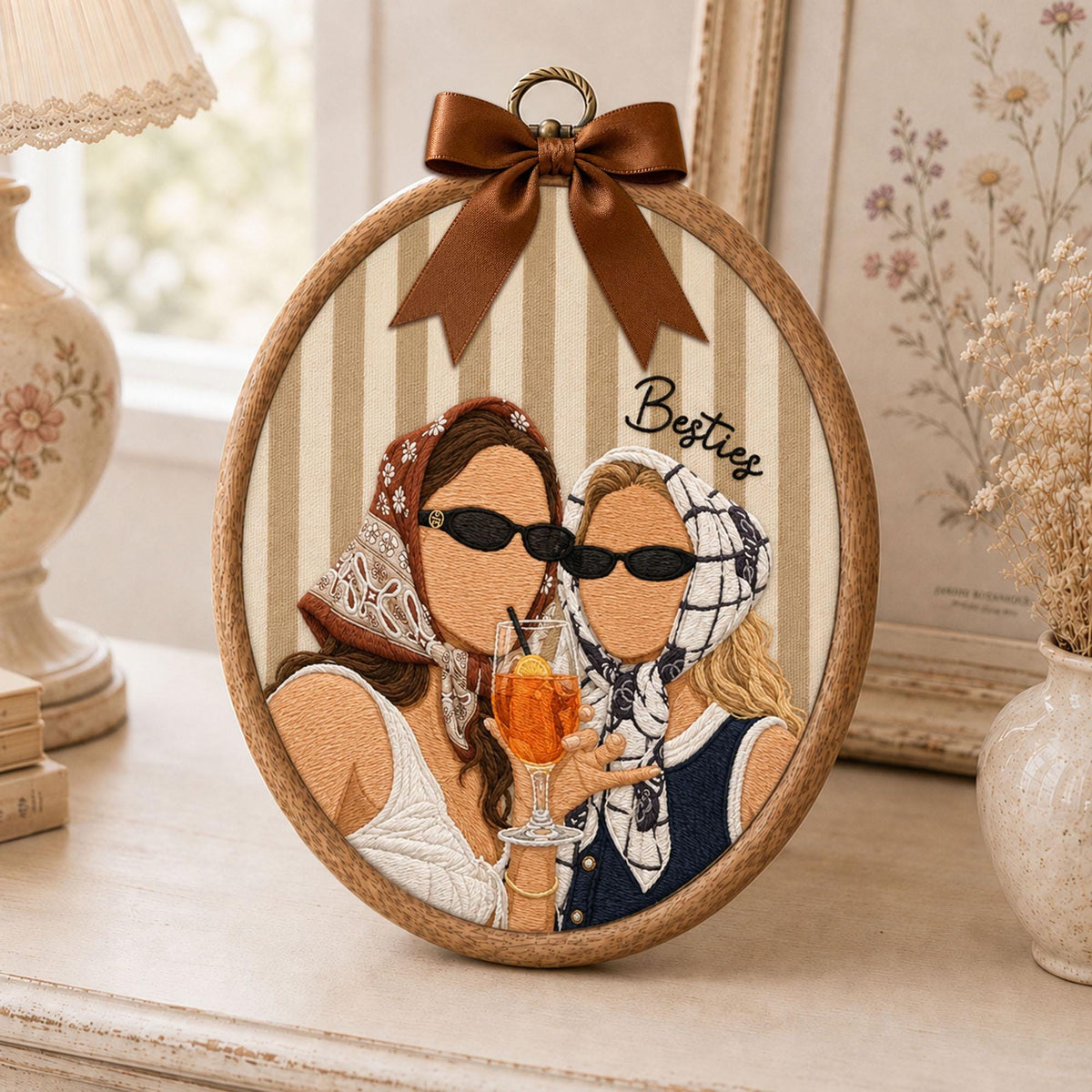 An oval embroidery hoop art piece featuring two figures wearing headscarves and black sunglasses, holding an orange cocktail. The background is beige and white striped fabric with the word Besties embroidered in black, topped with a brown satin bow.