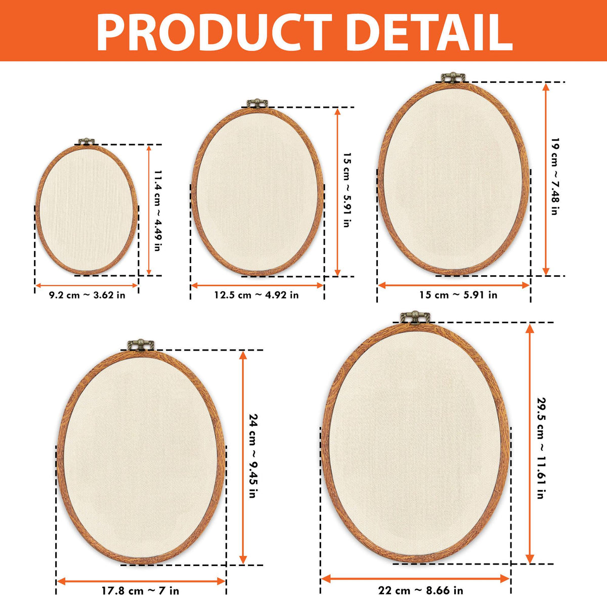Five oval embroidery hoops with light beige fabric, featuring brown wooden frames and metal tightening screws. Dimensions range from 3.62 by 4.49 inches to 8.66 by 11.61 inches, as indicated by the text and measurement lines.