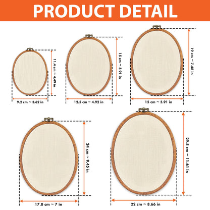 Five oval embroidery hoops with light beige fabric, featuring brown wooden frames and metal tightening screws. Dimensions range from 3.62 by 4.49 inches to 8.66 by 11.61 inches, as indicated by the text and measurement lines.