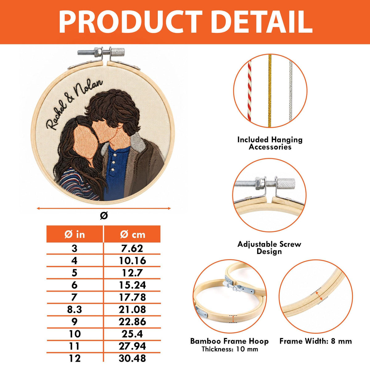 A round bamboo embroidery hoop featuring a custom thread portrait of two people with the text Rachel & Nolan. The image includes a size chart in inches and centimeters, details on hanging accessories, and an adjustable screw design.