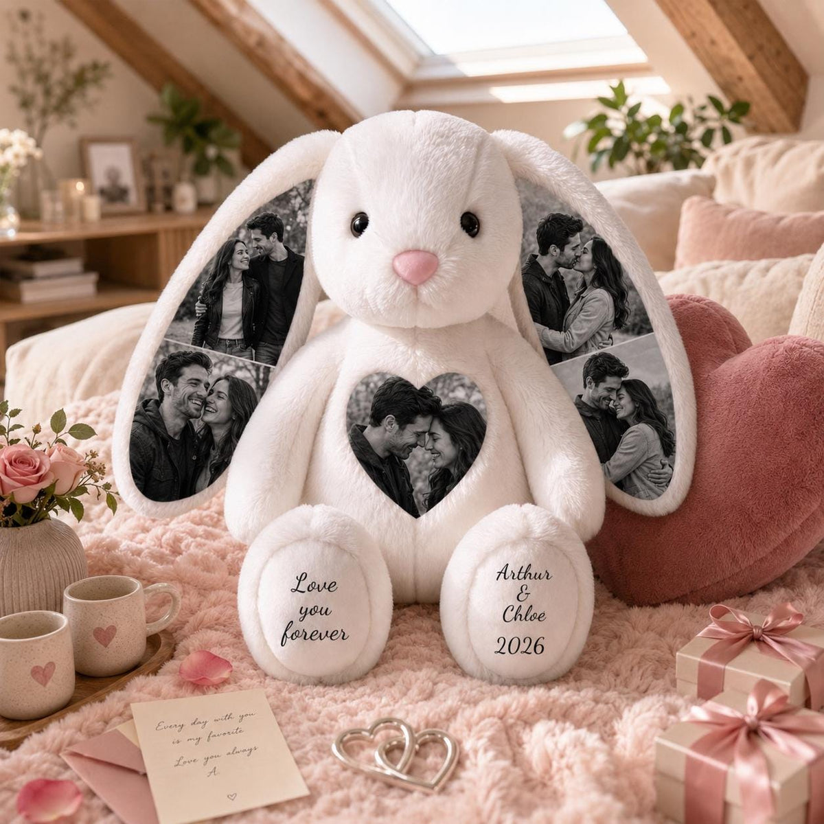 A white plush rabbit featuring black and white photo prints on its ears and a heart-shaped chest patch. The left foot is printed with the text Love you forever, and the right foot displays Arthur & Chloe 2026 in black script.