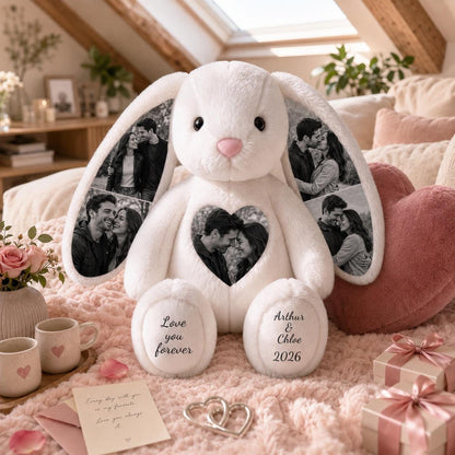 A white plush rabbit featuring black and white photo prints on its ears and a heart-shaped chest patch. The left foot is printed with the text Love you forever, and the right foot displays Arthur & Chloe 2026 in black script.
