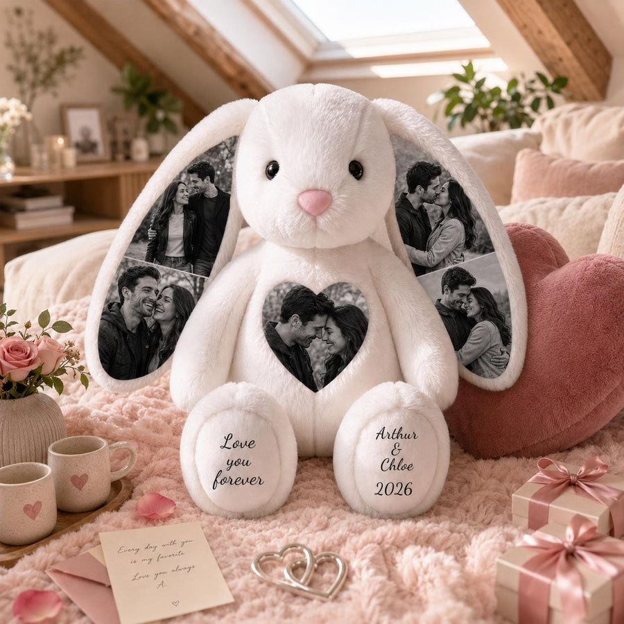 A white plush rabbit featuring black and white photo prints on its ears and a heart-shaped chest patch. The left foot is printed with the text Love you forever, and the right foot displays Arthur & Chloe 2026 in black script.