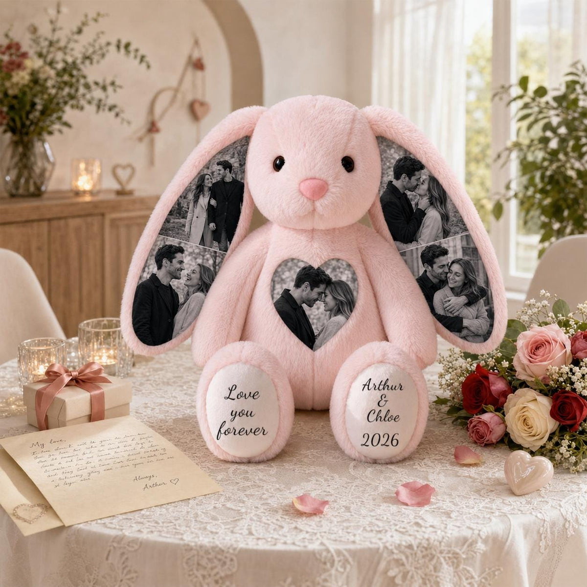 A soft pink plush rabbit featuring three black and white photo prints on its ears and chest. The left foot pad displays the text 'Love you forever' and the right foot pad displays 'Arthur & Chloe 2026' in a black script font.