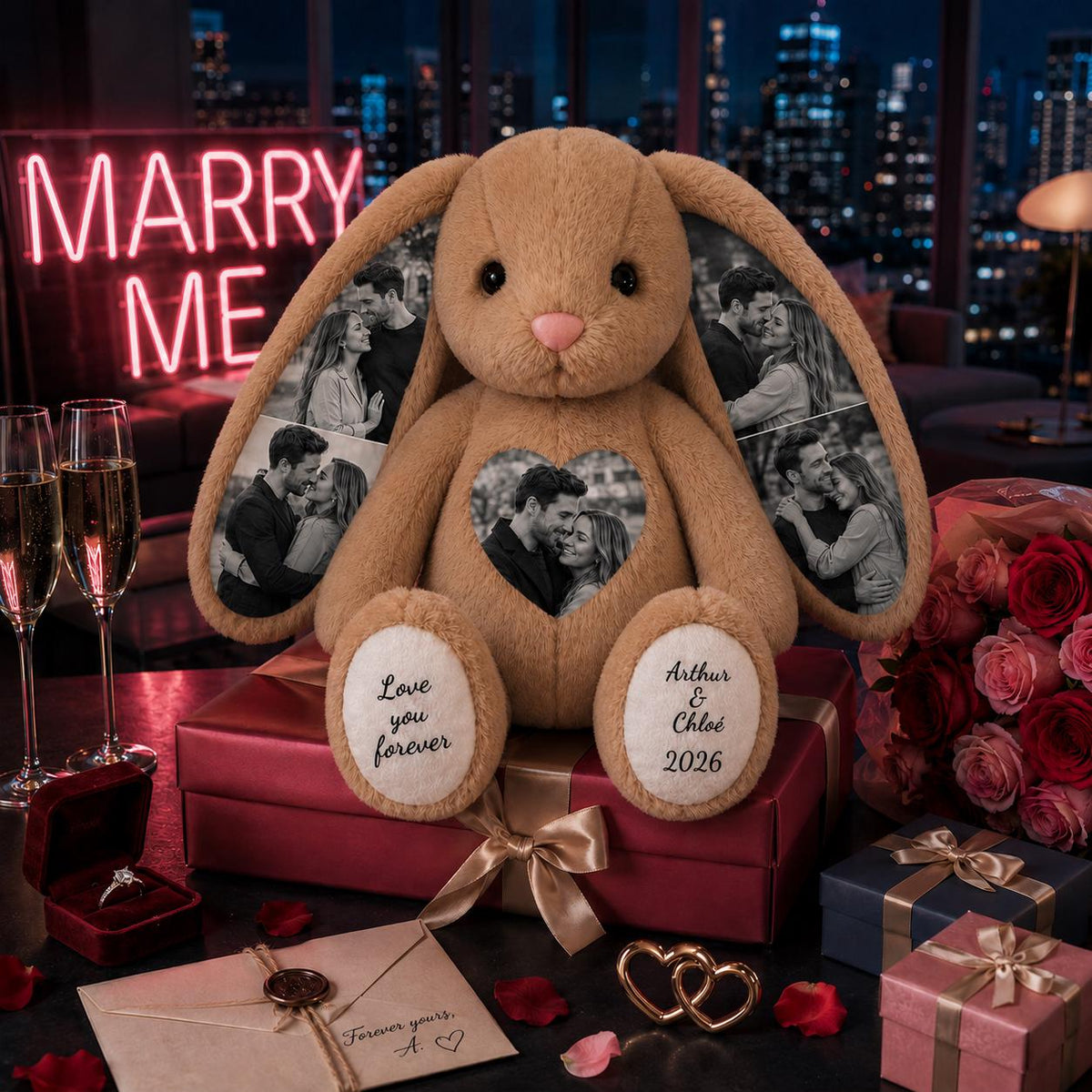 A tan plush rabbit with long ears featuring printed black and white photographs of couples. The rabbit has a heart-shaped photo on its chest and text on its feet reading Love you forever and Arthur & Chlo&eacute; 2026. It sits on a red gift box.
