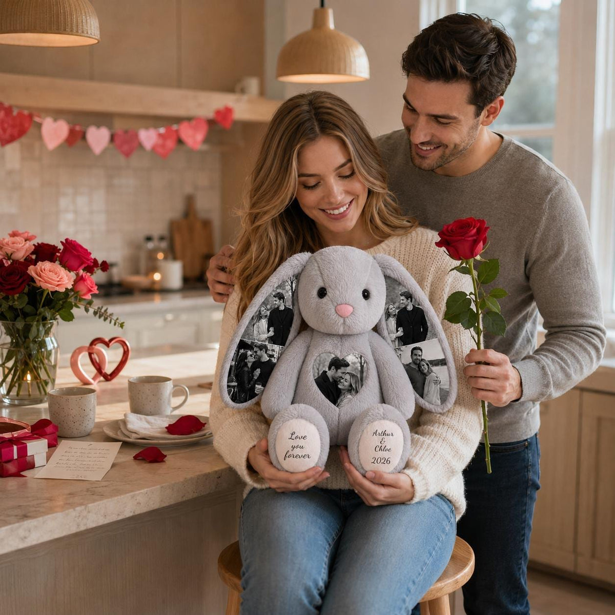 A gray plush rabbit toy featuring custom photo prints on its long ears and a heart-shaped patch on its chest. The rabbit's feet are embroidered with the text "Love you forever" and "Arthur & Chloe 2026" in a dark script font.