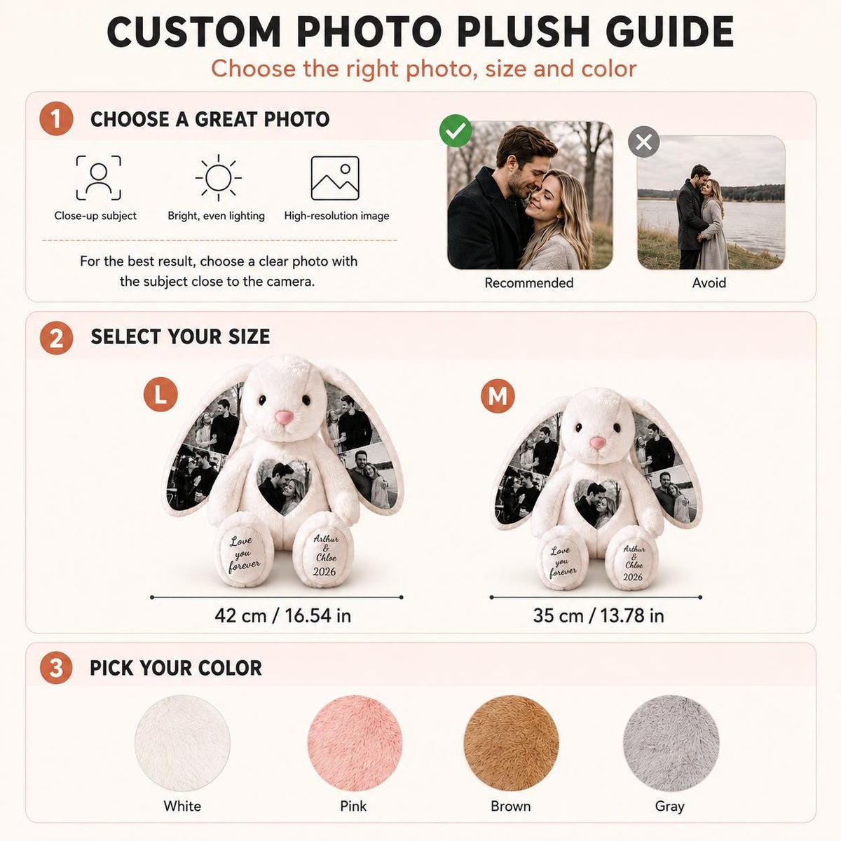 A custom photo plush guide featuring instructions for selecting photos, two sizes of a cream-colored rabbit plush toy with printed photos and text on its ears, heart, and feet, and four color swatches: white, pink, brown, and gray.