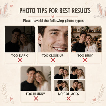 An instructional graphic titled PHOTO TIPS FOR BEST RESULTS with bunny ear illustrations. It displays five examples of unacceptable photo types labeled TOO DARK, TOO CLOSE-UP, TOO BUSY, TOO BLURRY, and NO COLLAGES with red X marks.