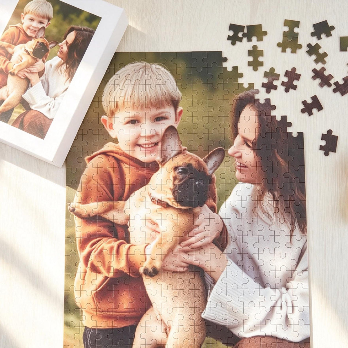 A custom jigsaw puzzle featuring a photograph of a child in an orange hoodie holding a fawn French Bulldog, with an adult in a white sweater nearby. The puzzle is partially assembled with loose pieces scattered on the side.