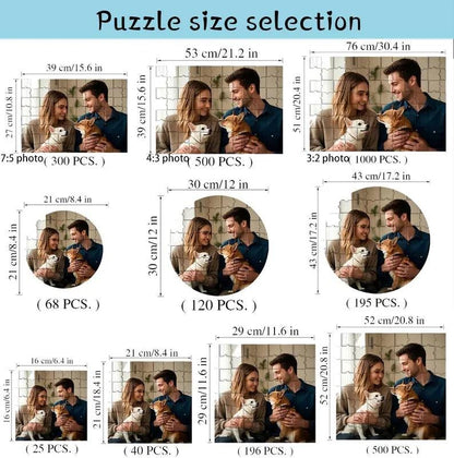 A chart titled Puzzle size selection displaying various rectangular and circular photo puzzle options with dimensions in cm and inches, ranging from 25 to 1000 pieces, featuring a couple holding a dog in each example image.