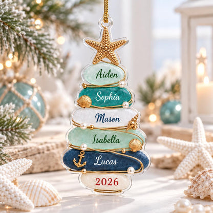 A clear, tree-shaped hanging ornament featuring six stacked, rounded segments in shades of light green, teal, white, and dark blue. Each segment is personalized with names Aiden, Sophia, Mason, Isabella, Lucas, and the year 2026.