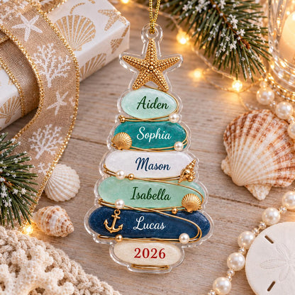 A clear, tree-shaped Christmas ornament featuring five horizontal, rounded segments in shades of light green, teal, white, mint, and dark blue. Each segment displays a name: Aiden, Sophia, Mason, Isabella, and Lucas, with 2026 at the base.