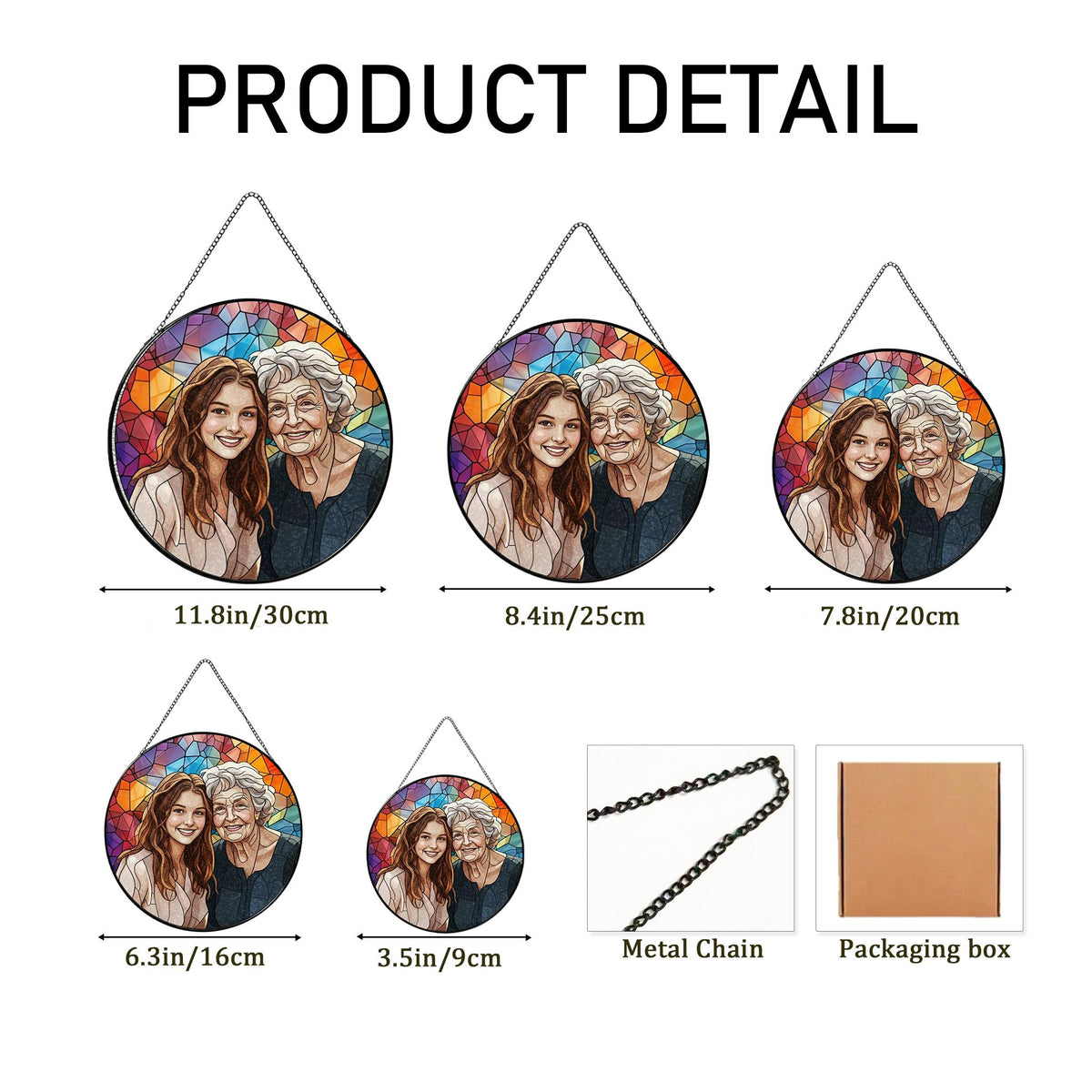 Round wall art featuring a portrait of two women against a stained-glass background. Available in multiple sizes, from 3.5 inches to 11.8 inches, each with a metal chain for hanging. The image includes a packaging box.