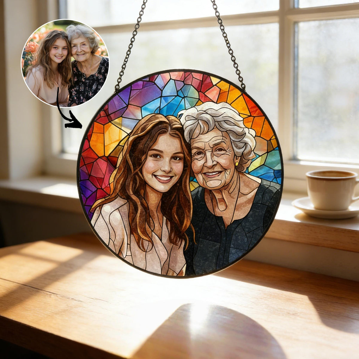 A round stained glass window with a photo of two women, one young and one older, hanging from a chain. The background is a mosaic of colorful geometric shapes. A smaller photo of the women is in the upper left corner.