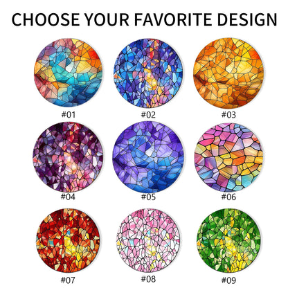 Nine circular designs with stained glass patterns in various colors, including blue, orange, purple, and green. The text "CHOOSE YOUR FAVORITE DESIGN" is at the top, with numbers #01 through #09 below each design.
