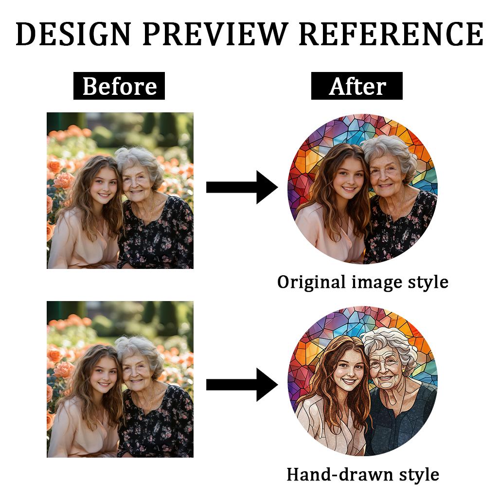 Image showing a design preview reference with "Before" and "After" examples. The "Before" images show two women. The "After" images show the same women in a stained glass style. The text "Original image style" and "Hand-drawn style" are also present.