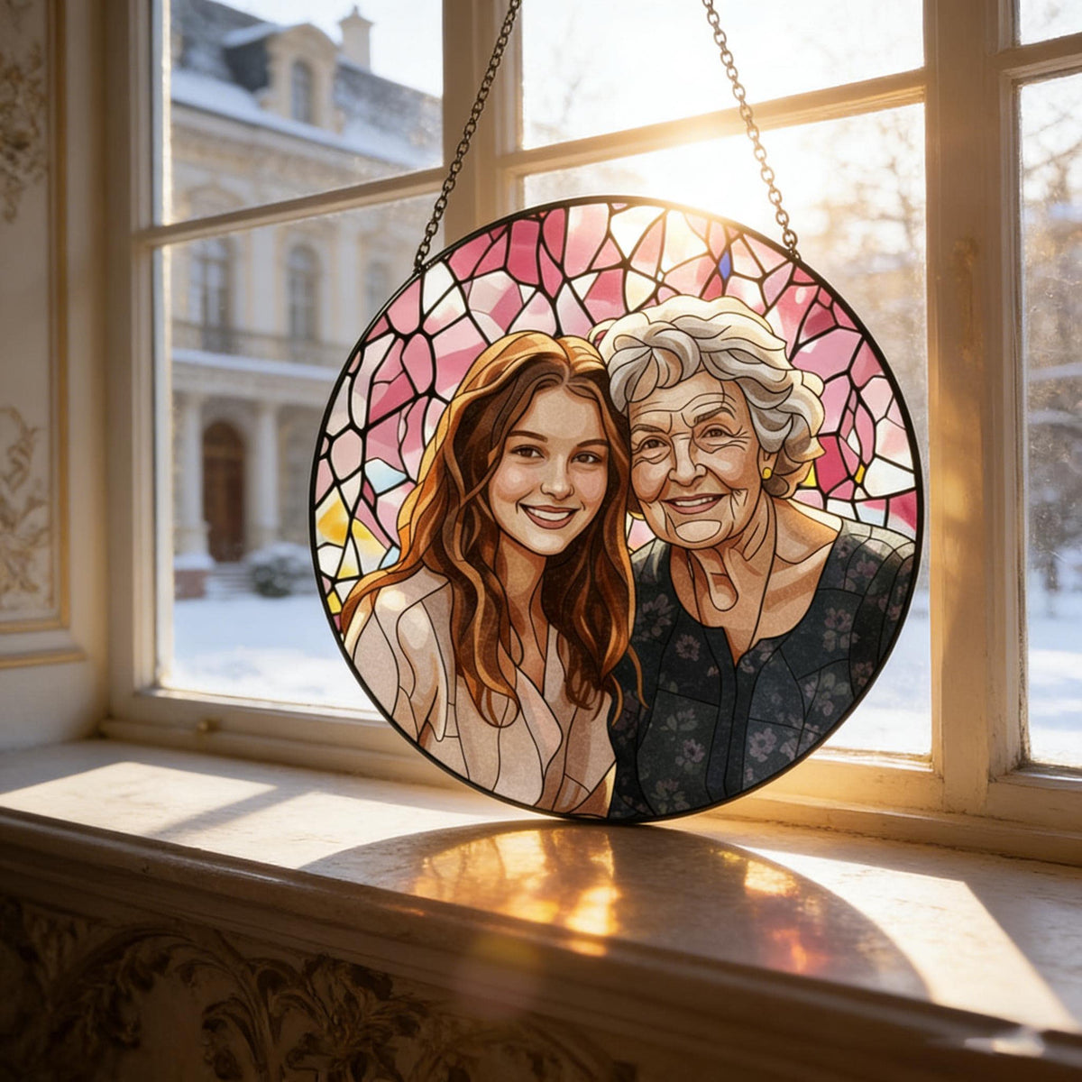 A round stained glass art piece featuring two smiling women, set against a pink and white background. The artwork is framed in black and hangs in front of a window with a snowy outdoor scene.