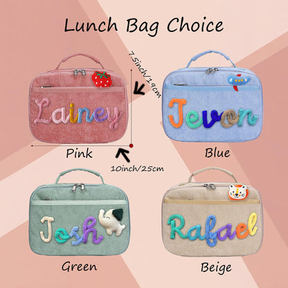 Four corduroy lunch bags in pink, blue, green, and beige, each featuring a top handle, zipper closure, and a personalized name in colorful yarn. The bags measure 7.5 inches by 10 inches. Each bag includes a small decorative felt patch.