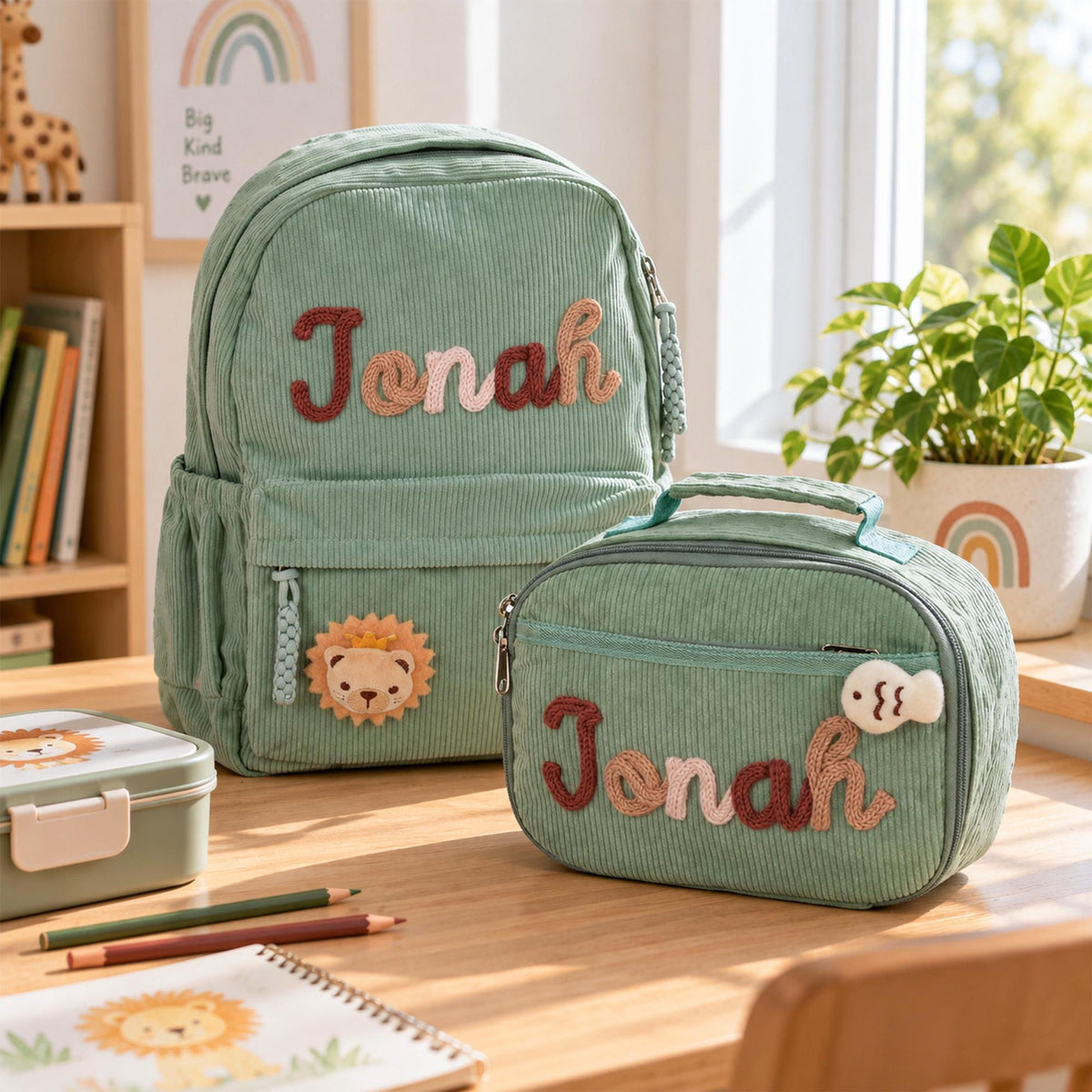 A sage green corduroy backpack and a matching lunch bag, both personalized with the name Jonah in embroidered letters. The backpack features a lion patch, while the lunch bag includes a small fish-shaped accent on the zipper.